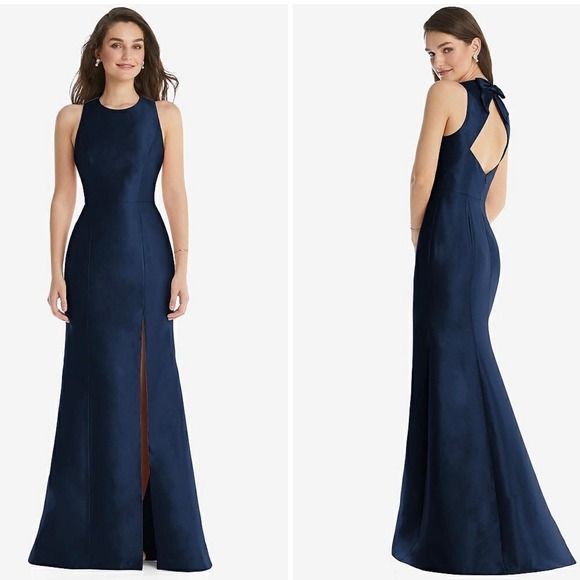 Alfred Sung Jewel Neck Bowed Open-Back Trumpet Dress With Front Slit Size 4 - Picture 1 of 12